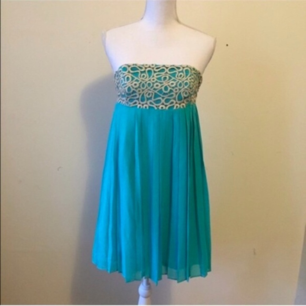 Lilly Pulitzer Julie Teal and Gold Strapless dress
